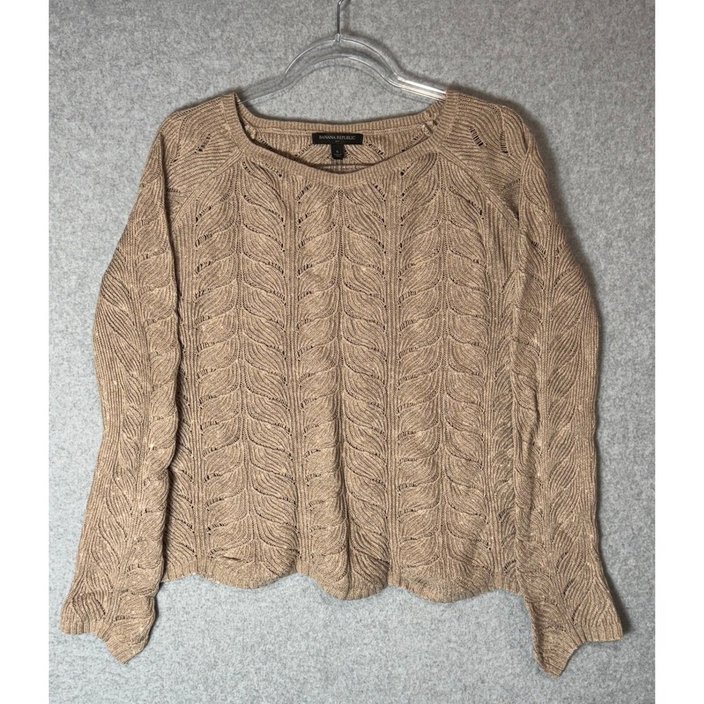 Banana Republic Knit Sweater Womens Small Tan Brown Leaf Pattern Long‎ Sleeve
